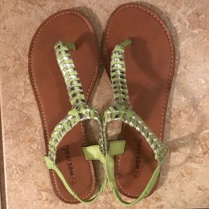 Lime Green and Silver T Strap Sandals